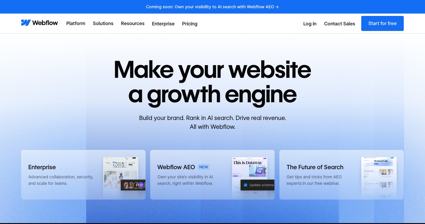 Screenshot of Webflow's homepage above the fold with a growth engine headline, navigation, multiple calls to action, and three promotional cards below the hero copy.