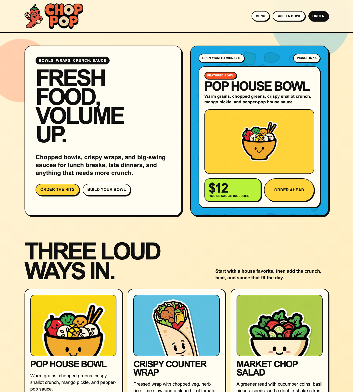 Chop Pop desktop website from the hero into the menu and sauce sections.