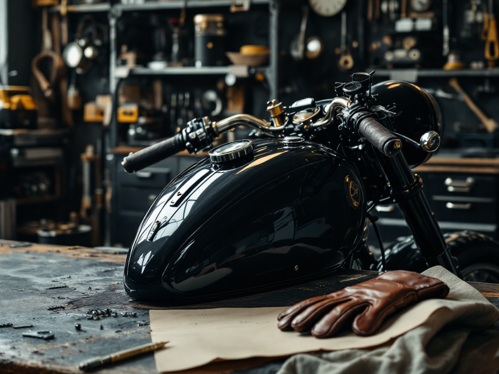 Classic motorcycle restoration bench with black enamel tank