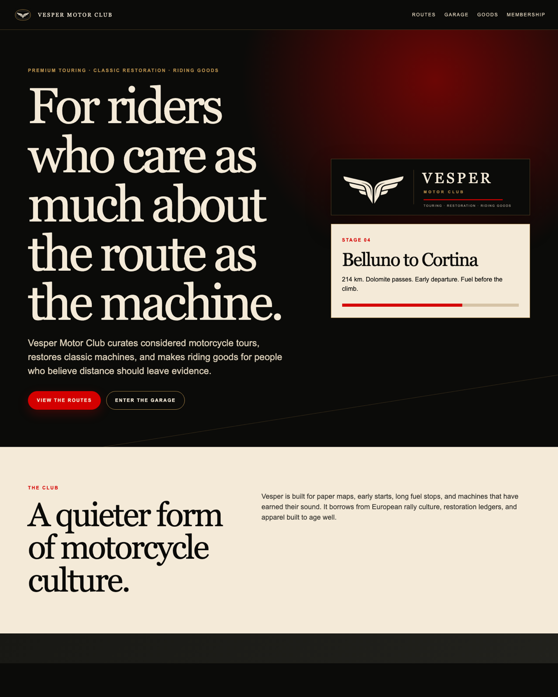 Vesper Motor Club home page concept.