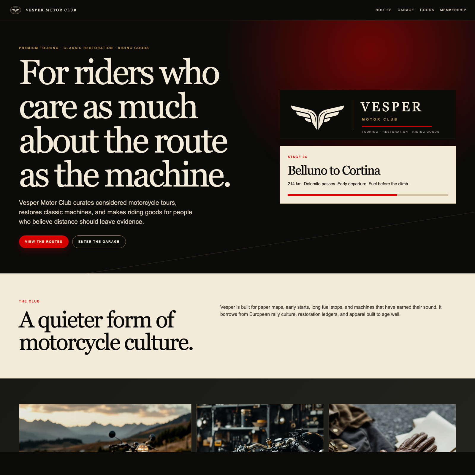 Vesper Motor Club website concept shown at a wide desktop viewport.